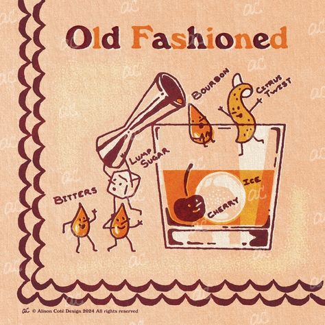 Old Fashioned - Downloadable Cocktail Art | Patreon Cocktail Posters Aesthetic, Old Fashioned Drink Aesthetic, Retro Digital Art, Old Fashioned Cocktail Aesthetic, Drinking Graphics, Vintage Cocktail Illustration, Cocktail Art Illustration, Brenton Wood, Cocktail Signs