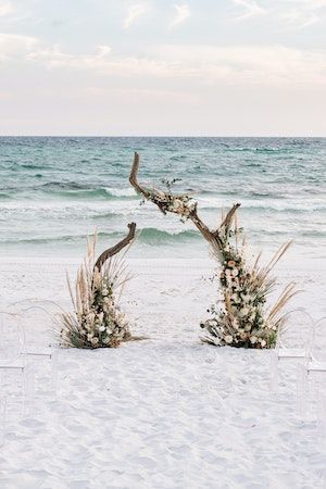 Intimate, Beach Wedding at Private Home in 30a, Florida | 60 more photos on PartySlate Seaside Wedding Decor, Coastal Wedding Theme, Beach Wedding Setup, Brazil Wedding, Small Beach Weddings, Beach Wedding Arch, Intimate Beach Wedding, 30a Wedding, Bohemian Beach Wedding