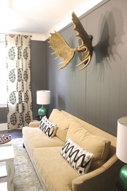 living room wall color, sofa, drapes, moose antler Moose Mount Living Room, Moose Antler Mount, Shed Antler Display Ideas, Antler Display Ideas, Moose Antler Decor, Living Room Mantle, Old Home Remodel, Moose Antlers, Living Room Wall Color