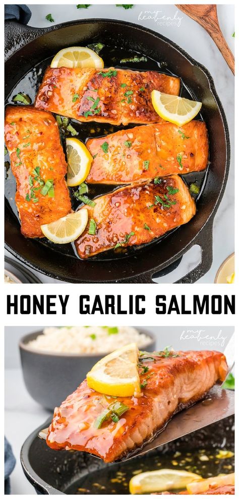 honey garlic salmon recipe Honey Lemon Salmon Recipes, Cast Iron Skillet Fish Recipes, Cast Iron Salmon Oven, Honey Lemon Glazed Salmon, Large Salmon Filet Recipes, Salmon On Cast Iron Skillet, Salmon In Cast Iron Skillet In Oven, Salmon Filet Recipe Pan, Salmon Fillet Recipes Skillet