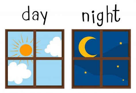 Opposites For Kids, Opposites Preschool, Taal Posters, Preschool Charts, English Opposite Words, Time Meme, English Activities For Kids, Opposite Words, Night Illustration