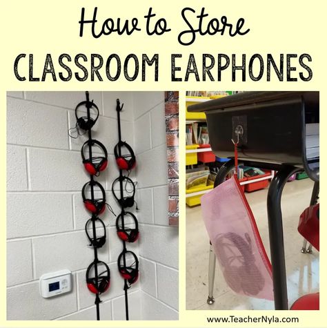 Teachers need to have organized storage systems in place for storing and keeping track of classroom headphones and earbuds. Each earphone must have a number Classroom Headphone Storage, Diy Headphone Stand, School Headphones, Headphone Organizer, Student Storage, Ipad Storage, Diy Headphones, Classroom Desk, Headphone Storage