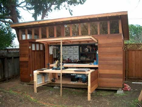 Work table folds out from he side Garden Shed Design, Shed Backyard, Portable Storage Sheds, Portable Storage Buildings, Small Shed, Shed Designs, Building A Storage Shed, Workshop Shed, Studio Shed