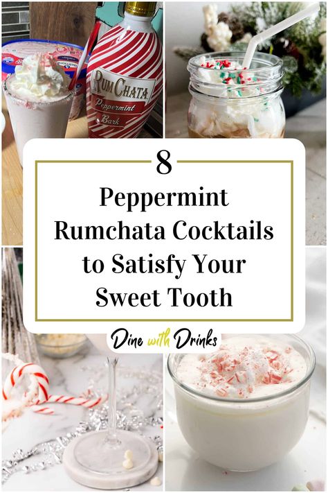 Collage of 4 peppermint rumchata cocktails. Rum Chata Mixed Drinks, Peppermint Rumchata Drink, Peppermint Rum Chata Recipes, Rumchata Peppermint Bark Drinks, Rumchata Christmas Drinks, Peppermint Bark Rumchata Recipes, Christmas Cocktails Peppermint, Peppermint Alcoholic Drinks, Peppermint Rumchata Recipes