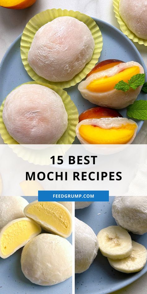 graphic of different types of mochi Cheesecake Mochi Recipe, Mochi Recipe With Tapioca Flour, Asian Sweets Recipes, Japanese Treats Recipe, Asian Snacks Recipe, Mochi Filling Recipe, Avocado Deserts, Mochi Recipe Ice Cream, Moochie Recipe