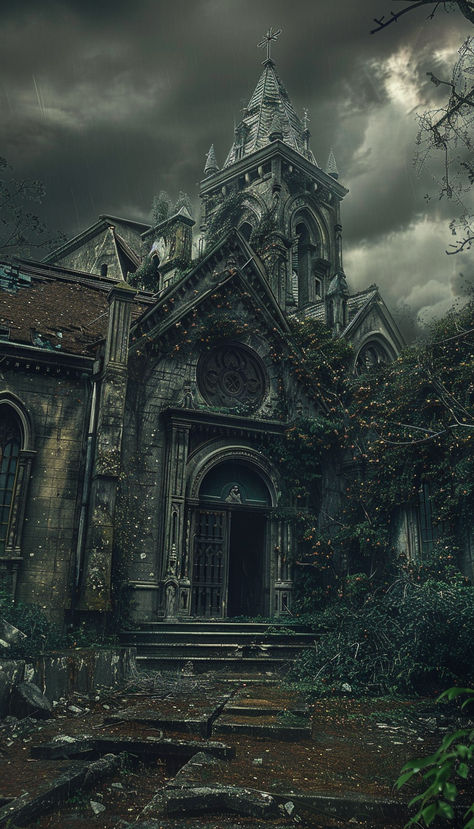 Abandoned gothic church on spooky grounds