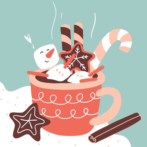 Free Vector | Flat christmas hot chocolate illustration Drawing Winter Ideas, Hot Cocoa Illustration, Hot Chocolate Illustration, Hot Chocolate Drawing, Hot Chocolate Art, Chocolate Illustration, Winter Hot Chocolate, Cozy Hot Chocolate, Hot Winter Drinks