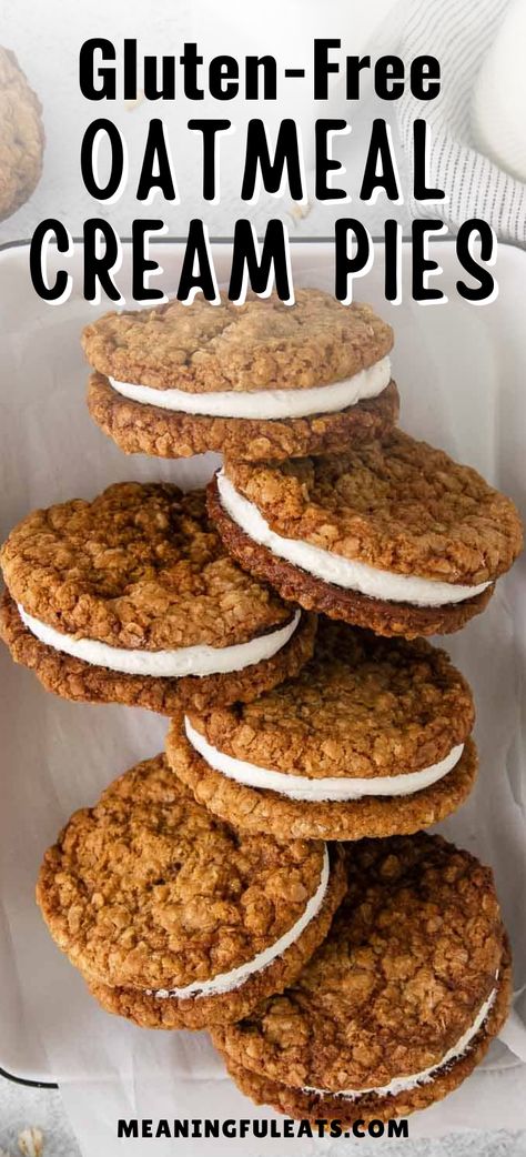 Six oatmeal cream pies leaning against each other in a ceramic dish. Gf Oatmeal Cream Pies, Gluten Free No Flour Desserts, Gluten Free Chewy Oatmeal Cookies, Essen, Non Dairy Gluten Free Desserts, Gluten And Soy Free Desserts, Homemade Gluten Free Desserts, Gluten Free Oatmeal Cake, Gluten Free Oatmeal Desserts