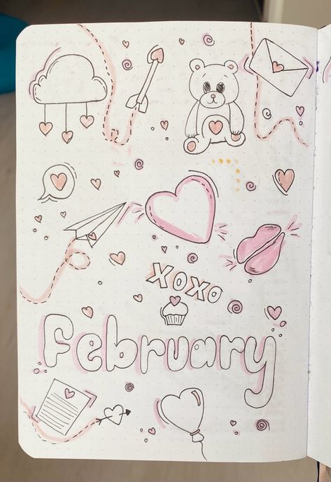 Easy Valentine's Drawings, February Notebook Ideas, February Aesthetic Month Calendar, February Scrapbook Page Ideas, February Dry Erase Board Ideas, February Calendar Doodles, February Drawings Ideas, February Aesthetic Drawing, Jornal Idea February