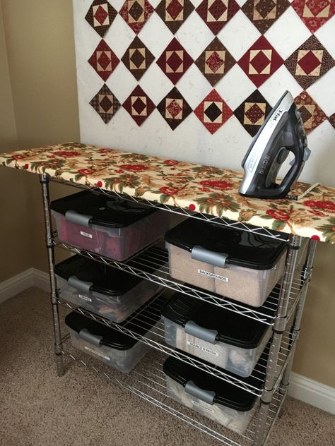 I have a new ironing station! I shamelessly copied an Instagram photo Thelma (Cupcakes 'n' Daisies) shared last week. I dragged my husband to Lowes and we easily found what we needed to create this ironing board and storage shelf.... Quilters Ironing Board, Ironing Board Tables, Diy Ironing Board, Ironing Station, Craft Room Tables, Iron Rest, Sewing Room Inspiration, Sewing Room Storage, Board Table