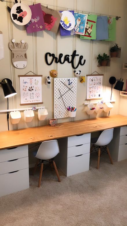 Playroom Desk And Storage, Playroom Workspace, Kids Playroom Desk, Desk For 2 Kids, Modern Kids Desk, Office For Kids, Art Corner In Playroom, Desk And Toy Storage, Art Area Playroom