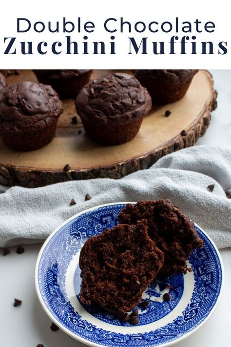 Double chocolate zucchini muffins are sprinkled with chocolate chips and served on a saucer. There are more muffins directly behind it on a platter. Zucchini Mini Muffins, Double Chocolate Zucchini Muffins, Zucchini Chocolate Chip Muffins, Chocolate Zucchini Muffins, Double Chocolate Muffins, Zucchini Muffins, Chocolate Zucchini, Gluten Free Muffins, Chocolate Muffins