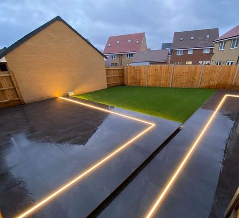 Patio Floor Lights, Garden Floor Lighting Ideas, Garden Strip Lighting, Led Paver Lights, Lights In Patio Floor, Patio Led Strip Lighting Ideas, Backyard Led Lighting Ideas, Decking Lighting Ideas, Barndo Patio