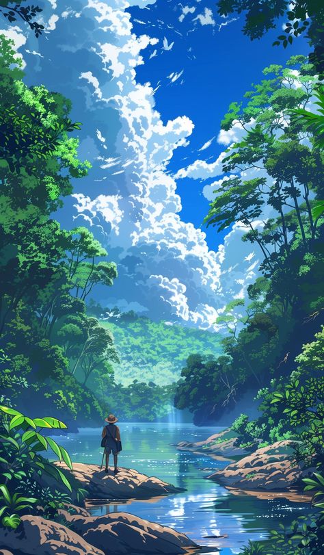 Anime art of an explorer standing by a serene river in a lush, tropical forest. Art Pictures Ideas, Green Nature Wallpaper, Legal Notice, Wall Street Art, Dreamy Artwork, Hd Nature Wallpapers, Desktop Wallpaper Art, Scenery Background, Forest Illustration