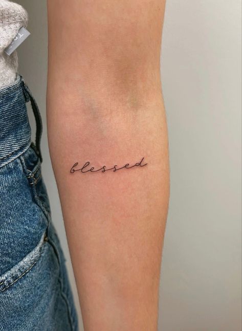 #aesthetic #dainty #fineline #femininity #tattoo Fine Cursive Tattoo Fonts, Strength Fine Line Tattoo, Women Tattoos Fine Line, Blessed Script Tattoo, Tattoo Ideas Script, Arm Script Tattoo, Tiny Line Tattoos, Fineline Tattoo Ideas Women, Fineline Arm Tattoo