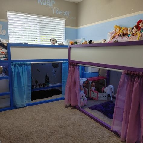 Son And Daughter Share Bedroom, Loft Bed Ideas For Shared Rooms, Loft Beds Shared Room, Son And Daughter Room Ideas, Split Room Ideas Bedrooms Kids Boy And Girl, Loft Beds For Low Ceilings, Unique Shared Bedroom Ideas, Co Ed Room Shared Bedrooms, Boy And Girl Shared Room Decor