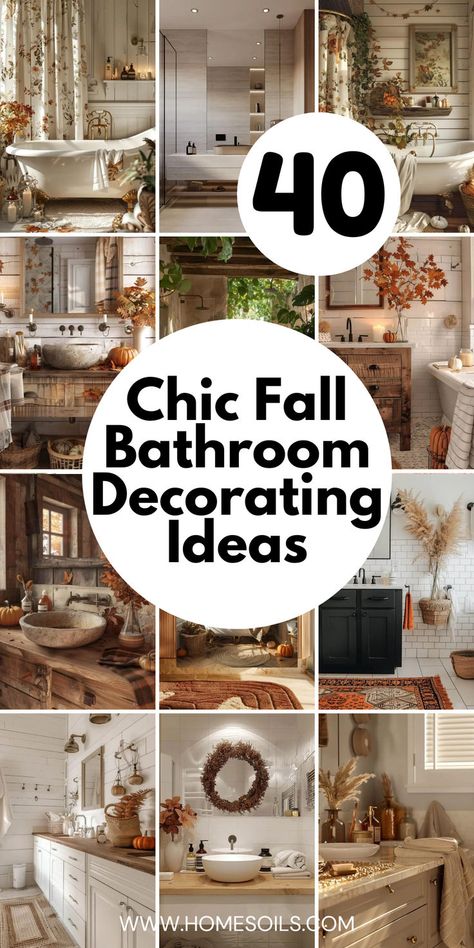 Discover 40 Chic Fall Bathroom Decorating Ideas, featuring warm tones, cozy textures, and stylish accents to create a welcoming and elegant autumn-inspired retreat, perfect for enhancing your bathroom's seasonal charm. Fall Kitchen Table Decor, Fall Interior Decor, Fall Kitchen Table, Fall Bathroom Decor Ideas, Elegant Fall Decor, Fall Apartment Decor, Fall Yard Decor, Fall Bathroom Decor, Fall Mantle Decor