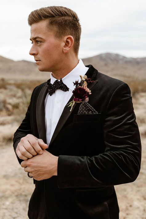 Hannah Ryan Velvet Wedding Tuxedo For Men, Fall Groom Tuxedo, Groomsmen Attire Velvet, Non Traditional Tuxedo Men, Winter Tuxedo Groom Attire, Mens Wedding Tuxedo Ideas Fall, Fall Tuxedos For Men, Moody Groomsmen Attire, Velvet Groomsmen Attire