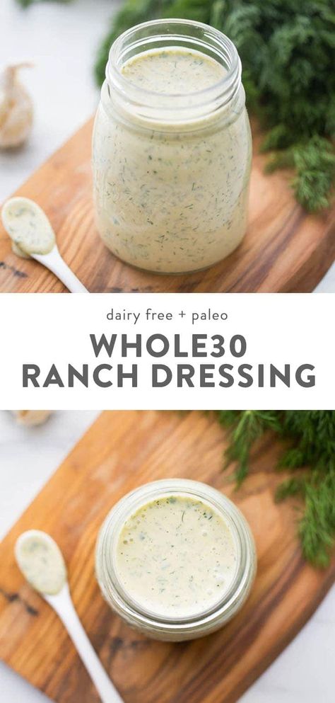 This Whole30 ranch dressing recipe is creamy, garlicky, and loaded with fresh herbs. This "dump ranch" dressing is definitely the best Whole30 ranch dressing you'll ever taste and beyond quick and easy, too. It's dairy free, paleo, healthy, and made with olive oil, avocado oil, or coconut oil (and plenty of garlic and herbs!). #whole30 #dairyfree Whole30 Ranch, Dump Ranch, Paleo Ranch Dressing, Paleo Ranch, Dairy Free Ranch Dressing, Dairy Free Bread, Dairy Free Snacks, Ranch Dressing Recipe, Dairy Free Breakfasts