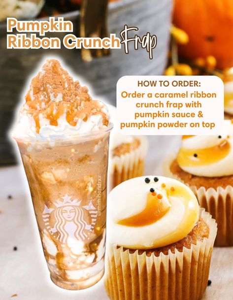 Starbucks | Fall order 🍂 Pumpkin Ribbon Crunch Frap 🎃🎀 Starbucks Halloween Drinks, Pumpkin Drink Recipes, Cold Coffee Drinks Recipes, Fall Starbucks, Starbucks Drink Menu, Starbucks Holiday Drinks, Starbucks Secret Menu Recipes, Cold Starbucks Drinks, Starbucks Orders