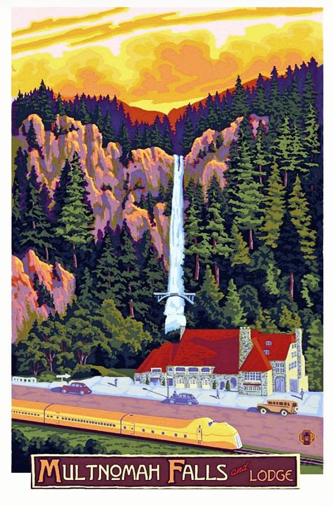 Multnomah Falls Lodge, Columbia River Gorge, Oregon Multnomah Falls Lodge, Oregon Poster, Columbia River Gorge Oregon, Gorge Oregon, Multnomah Falls, Train Art, Public Information, Columbia River Gorge, Columbia River