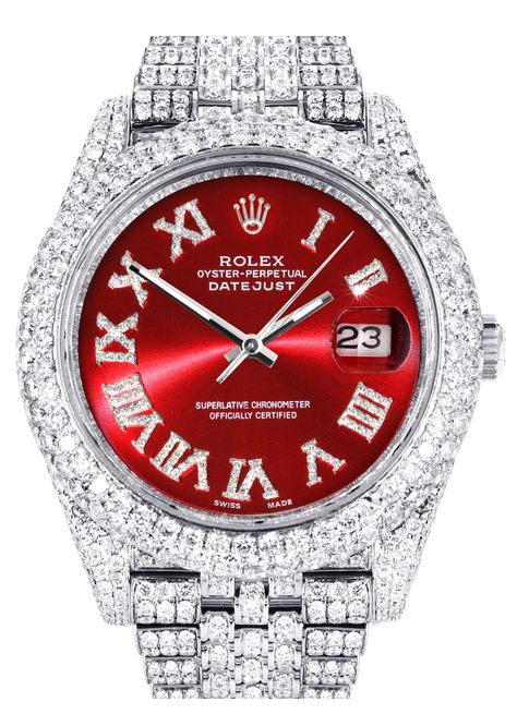 Diamond Iced Out Rolex Datejust 41 | 25 Carats Of Diamonds | Custom Red Roman Numeral Diamond Dial | Two Row | Jubilee Band Red Diamonds, Rolex Diamond, Fancy Watches, Rolex Watches For Men, Expensive Jewelry Luxury, Diamond Ice, Rolex Models, Womens Watches Luxury, Freezers