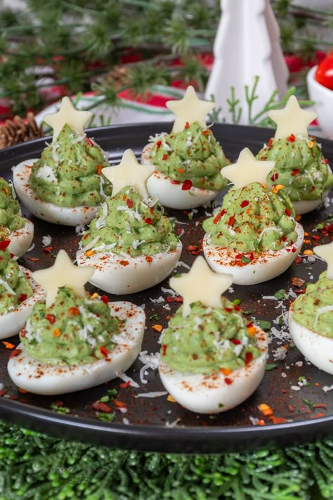 Avocado Devilled Eggs, Deviled Eggs Recipe Christmas, Deviled Eggs Christmas Tree, Deviled Egg Christmas Tree, Xmas Deviled Eggs, Devilled Eggs Christmas, Christmas Deviled Eggs Recipe Best, Deviled Egg Flight Ideas, Christmas Comfort Food