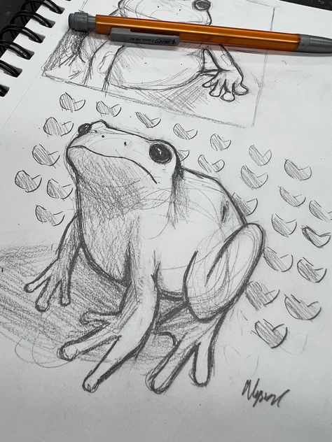 Frog Pencil Drawing, Frog Tutorial Drawing, Frog Perspective Drawing, Cottagecore Frog Drawing, Frog Sketch Easy, Frog Drawing Realistic, Frog Sitting Drawing, Frog Girl Drawing, Frog Drawing Reference