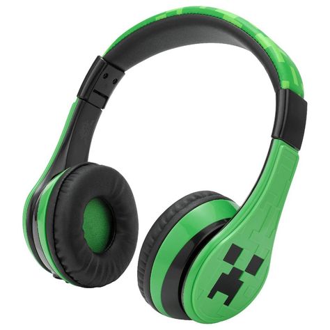 Minecraft headphones look great on any little gamer! Connect to any bluetooth device to wirelessly stream audio, and enjoy up to 37 hours of continuous playtime between charges (USB charging cable included). Whether your little one likes gaming, listening to music, watching movies, or browsing YouTube, you can rest assured that the kid-safe volume level will protect their ears. Any fan of Minecraft toys will love the cool graphics and design! | KIDdesigns Minecraft Bluetooth Headphones in Green Cool Headphones Design, Chunky Headphones, Minecraft Jewelry, Minecraft Toys, Gaming Microphone, Cool Accessories, Cool Graphics, Headphone Accessories, Headphones With Microphone