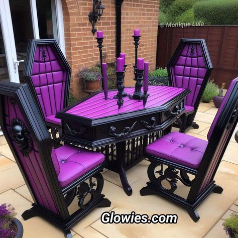 Goth Rv Interior, Pastel Goth Furniture, Coffin Furniture, Pastel Goth Bedroom Ideas, Purple Gothic Decor, Purple Goth Decor, Purple And Black Goth Bedroom, Goth Purple Room, Gothic Bedroom Furniture