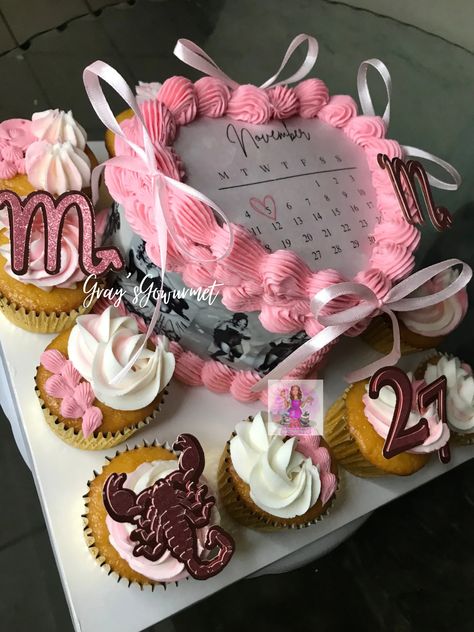 Pink scorpio season heart cake, with calendar image, and edible images around. Capricorn Cake Ideas, Capricorn Cake, Pink Scorpio, Scorpio Szn, Calendar Image, Scorpio Birthday, Baking Stuff, Scorpio Season, Cute Birthday Cakes