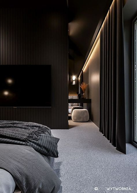 Dark Ceiling Bedroom, Dark Modern House Interiors, Dark Modern Bedroom, Modern Black Bedroom, Black And Grey Bedroom, Luxe Bedroom, Black Rooms, Dark Modern, Corner Sofa Design