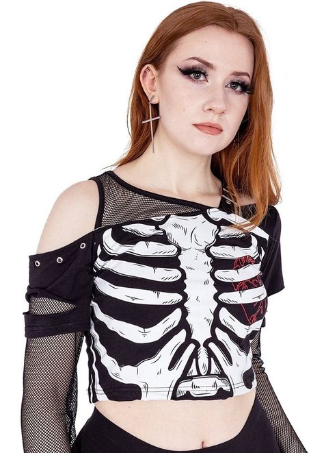 Heartless Bare Bones Mesh Insert Top | Attitude Clothing Heart Ribcage, Skull Crop Top, Tom Gates, Gothic Tank Tops, Corset Leggings, Green Hair Dye, Attitude Clothing, Statement Outfit, Cut Out Leggings