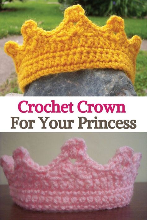 Your daughter loves princesses and she wants to be one. She dresses up, makes castles, sings the songs, reads the stories, and wants you to play along. Of course, she needs and deserves a crown. A really beautiful one. This crochet crown pattern for a baby girl makes a great gift for your daughter’s, granddaughter’s, or your friend’s daughter’s birthday. It works really quick and if you’re an experienced crocheter you can make one in less than an hour. Crochet Crown Pattern, Crown Crochet, Crochet Tutu, Crochet Crown, Crochet Princess, Baby Crown, Crown Pattern, Crochet Toddler, Crochet Baby Girl