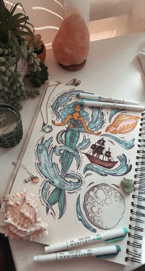 mermaid sketch || fine line art || mermaid || ocean sketch || sea creature drawing || markers || sketchbooks || sea shells || gemstones || mermaid aesthetic || jewelry || salt rock lamp Mermaid Drawing Aesthetic, Mermaidcore Drawing, Sea Aesthetic Drawing, Sketchbook Pages Aesthetic, Sea Creature Drawing, Sea Sketchbook, Aesthetic Sketchbook Pages, Ocean Sketch, Sketch Mermaid