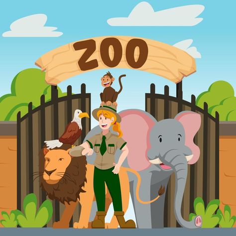 Zoo Keeper Standing with Animals Before the Zoo Zebra Template, Animal Party Decor, Zoo Images, Zoo Cartoon, Zoo Illustration, Jungle Animal Party, Zoo Clipart, Animal Keeper, Zoo Drawing