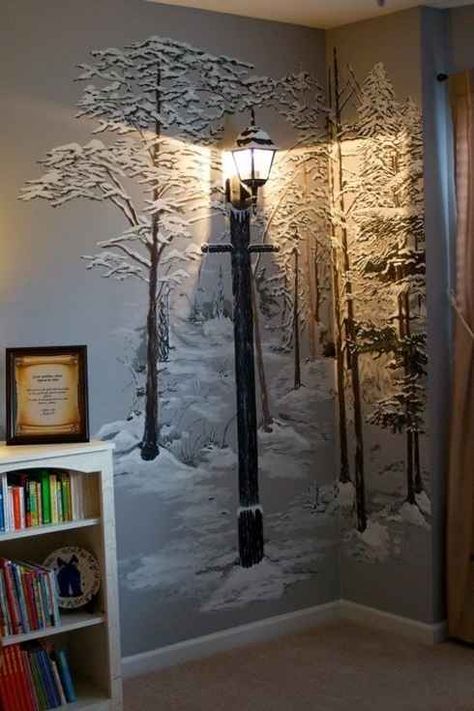 2. Or just paint a wintry forest mural on the wall and attach an old-fashioned lamp.-21 DIY Ways To Make Your Child's Bedroom Magical-For the true artist parents. Instill a love of cold weather early :D Narnia, The Wall, A Book, Mural, Wall