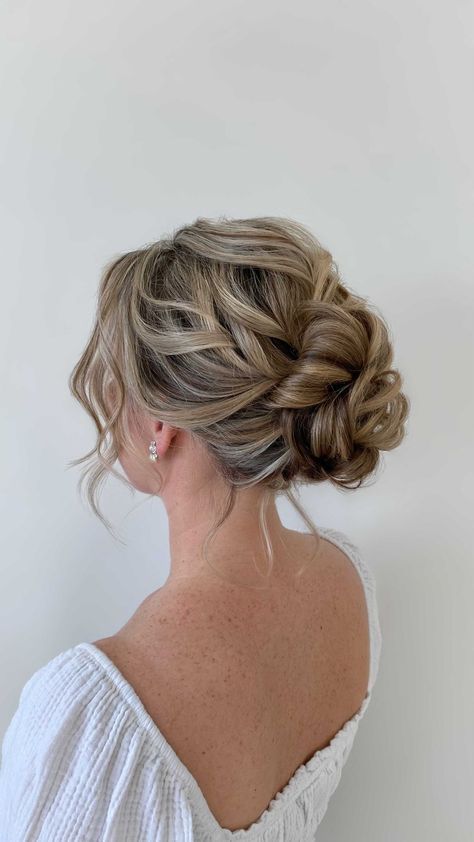 Low Messy Bun Wedding Hair Loose Curls, Debs Hair Updo, Hair For Bridesmaids Updos, Low Buns For Prom, Low Messy Wedding Bun, Low Bun With Hair Piece, Low Messy Bun Prom Hair, Deb Hairstyles Bun, Low Messy Bun Bridesmaid