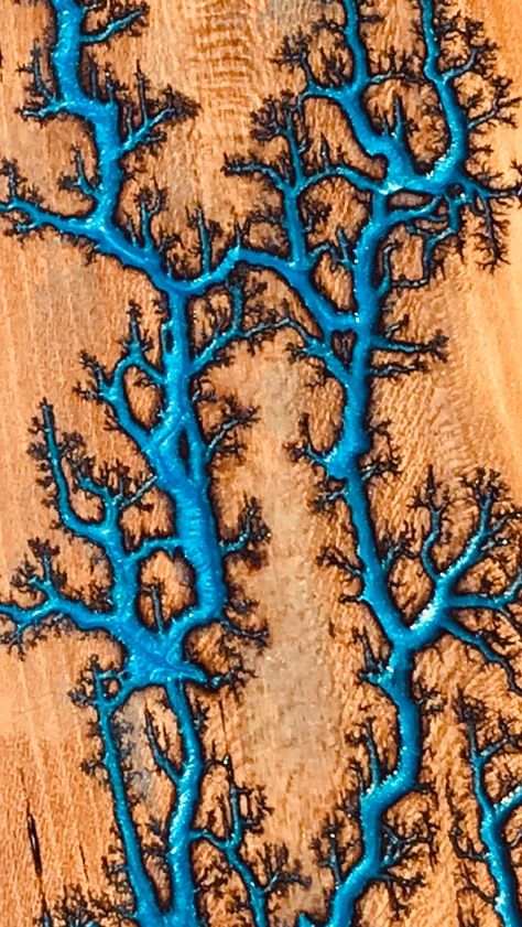 Fractal burned board with blue epoxy inlay Fractal Wood Burn, Fractal Burning Art, Lichtenberg Wood Burning Machine, Wood Burning Diy, Burning Wood With Electricity, Fractal Wood, Fractal Burning, Epoxy Inlay, Barn Wood Projects