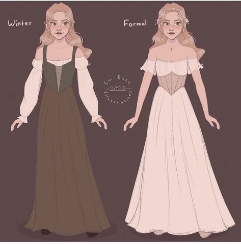 Medieval outfits cartoon art stlye The Middle Ages Dress, Drawing Medieval Clothes, Simple Midevil Dress, Medieval Dress Sketch, Casual Medieval Outfits Female, Medival Dresses Drawing, Midevil Dress Drawing Reference, Midevil Dress Aesthetics, Medieval Clothing Drawing Women