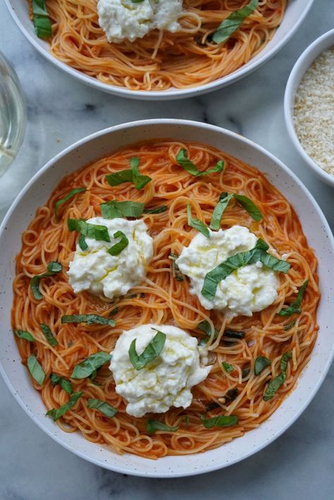 Cherry Tomato Basil Capellini with Stracciatella Canned Cherry Tomatoes, Stracciatella Recipe, Pasta Table, Capellini Pasta, Summer Pasta Recipes, Cherry Tomato Sauce, Girl Dinner, Tomato Pasta, Cherry Tomato