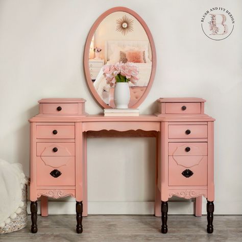 Coastal Pink Chalk Paint Vanity, Antique Vanity Makeover, Painted Antique Vanity With Mirror, Refurbished Vanity, Kidney Desk, Pink Antique Dresser, 1930 Makeup Vanity, Pink Antique Vanity, Girls Vanity