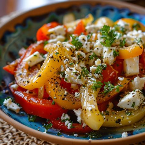 Recipe for Roasted Bell Pepper and Feta Salad Ingredients: 3 bell peppers (mixed colors: red, yellow, orange), sliced into strips 2 tablespoons olive oil Salt and black pepper to taste 1 teaspoon dried oregano 1/4 cup fresh parsley, chopped 1/2 cup feta cheese, crumbled 2 tablespoons red wine vinegar 1 clove garlic, minced 1/2 teaspoon honey (optional) Fresh parsley or basil leaves for garnish Instructions: Roast the Bell Peppers: Preheat your oven to 425°F (220°C). Place the sliced bell pep... Grilled Bell Peppers, Bell Pepper Salad, Pepper Salad, Colby Cheese, Feta Salad, Filipino Food, Wine Vinegar, Basil Leaves, Filipino Recipes