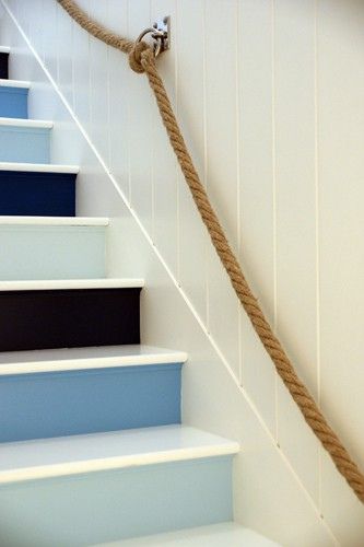 Can't pin the picture I really want. Stairs painted consecutive colors from color strip,say 3 risers per color, dark up to light. Perfect going up to Playroom. Nautical Rope Decor, Basement Steps, Coastal Paint, Diy Staircase, Rope Decor, Dream Beach Houses, Stair Case, Painted Stairs, Dream Beach