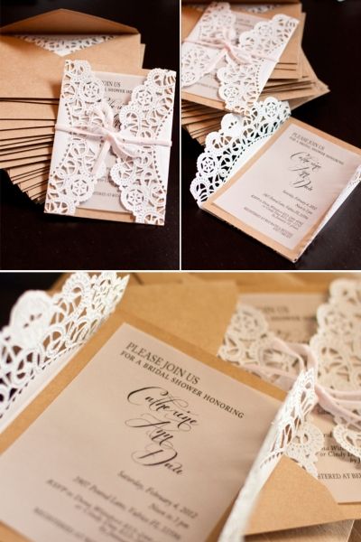 Elegant Country Bridal Shower Invite wrapped in lace doily Wedding Invitations Lace, Country Bridal Shower Invitations, Vintage Bridal Shower Invitations, Diy Vintage Wedding, Vintage Wedding Stationery, Bridal Shower Invitations Diy, Country Bridal Shower, Simple Bridal Shower, Vintage Lace Weddings