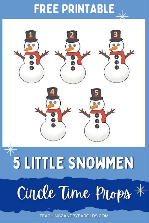 Five Little Snowmen Winter Circle Time Activity - Free Printable! #snowmen #props #circletime #music #songs #toddlers #preschool #printable #teachers #2yearolds #3yearolds #teaching2and3yearolds Circle Time Printables, Five Little Snowmen, Circle Time Activity, Toddler Circle Time, Preschool Circle Time Activities, Snowman Songs, January Preschool, Circle Time Games, Circle Time Songs