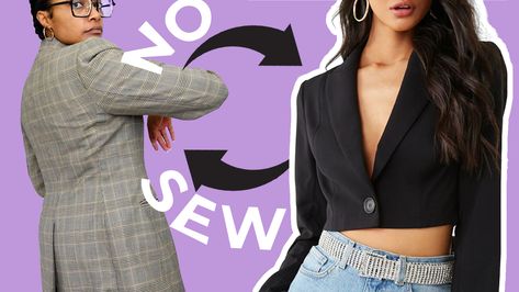 Learn how to crop or shorten a blazer without sewing!  I know it's hard to believe, but it's possible.  And this works if you are petite/short and blazers are always too long for you. #upcycling #nosew #blazer Diy Cropped Blazer, Blazer Diy, Sew Crop Top, Thrift Flip Clothes, Upcycled Sewing, Refashioned Clothing, Diy Crop Top, Simple Sweatshirt, Thrift Flips