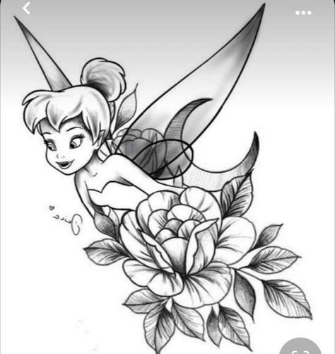 Disney Tinkerbell Tattoo, Tinkerbell With Flowers Tattoo, Tinkerbell Flower Tattoo, Disney Tattoo With Flowers, Tinkerbell Tattoo Color, Disney Flowers Tattoo, Tinkerbell Tattoo Designs, Floral Disney Tattoo, Tinker Bell Tattoos