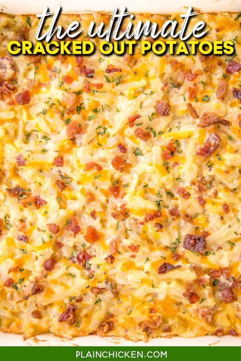 Cracked Out Potatoes, Loaded Potato Casserole, Cracked Out, Shredded Hash Browns, Frozen Potatoes, Baked Potato Casserole, Shredded Potatoes, Potato Recipes Side Dishes, Plain Chicken