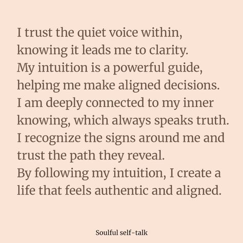 ✨ Embrace Your Intuition! 🌟 Today, let’s tap into our inner wisdom with powerful affirmations! Remember, you are insightful, guided, and connected to the universe. 💫✨ 🌈 I Am Intuitive! I trust my instincts, embrace my inner voice, and navigate life with clarity and confidence. 💖✨ Each moment is an opportunity to listen, learn, and grow in alignment with my true self. Surround yourself with positive energy, honor your feelings, and manifest your most authentic life! 🌟 Let’s create a communit... How To Listen To Your Intuition, Listen To Your Intuition, Listen To Your Intuition Quotes, I Trust My Intuition, Intuition Developing, Intuition Quotes, Inner Voice, Navigating Life, Self Talk